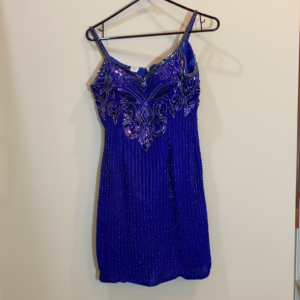 “Vintage” 90s royal blue beaded cocktail dress